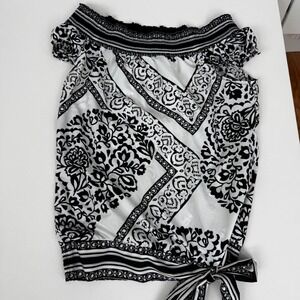 WHBM Off Shoulder Peasant Blouse XS Black White‎ Floral Boho Bardot Tie Hem Top